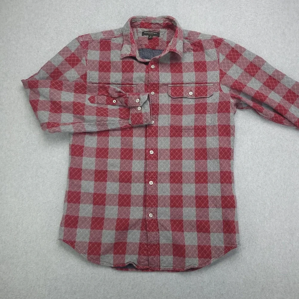 Banana Republic Shirt Mens Medium Red Gray Quilted‎ Flannel Plaid Lined Slim